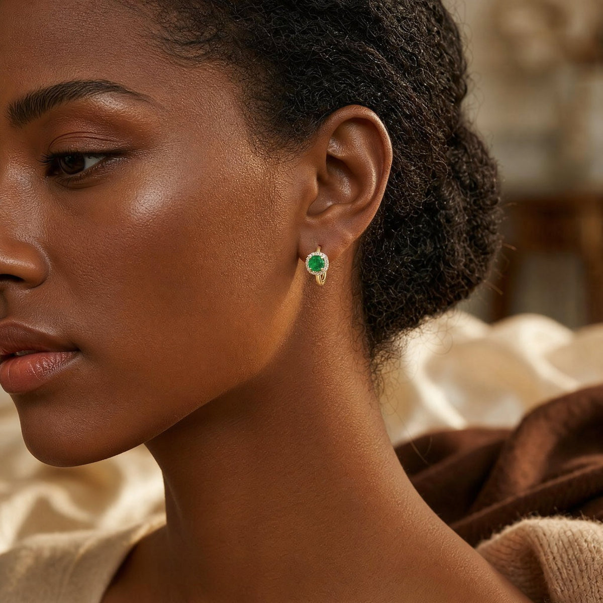 Gold Emerald Halo Hoop Earrings