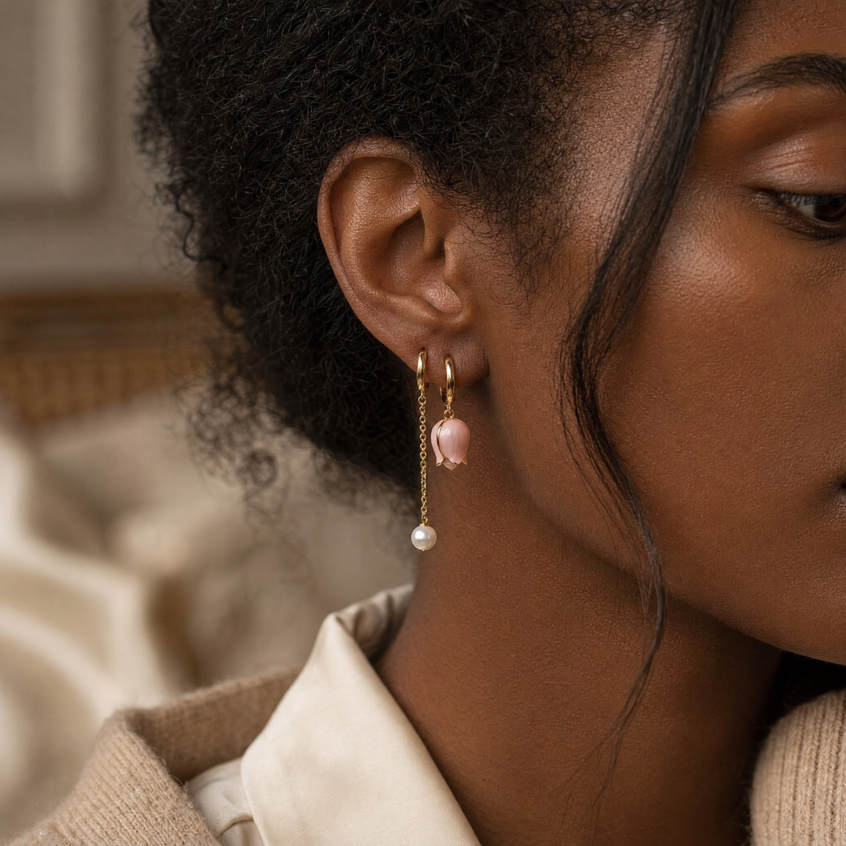 Gold Floral Pearl Drop Earrings