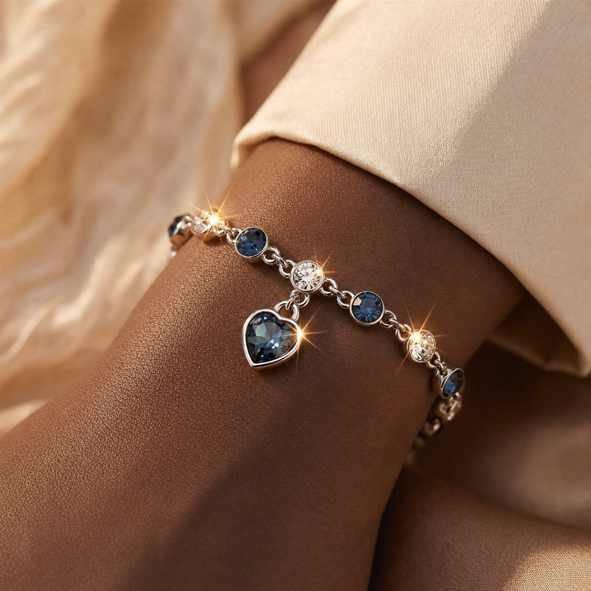 Silver Sapphire Heart Chain Bracelet