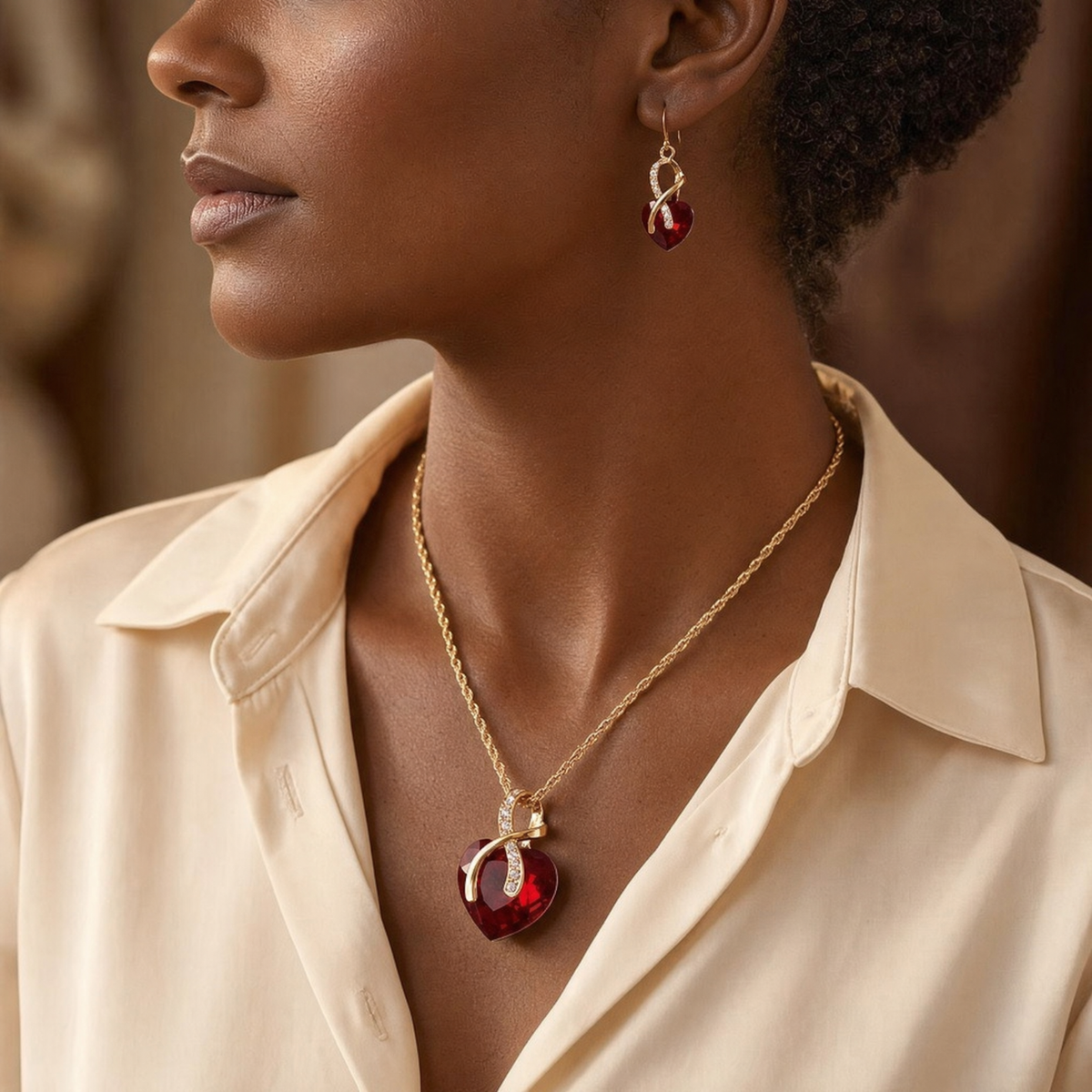 Gold Ruby Twisted Heart Jewelry Set