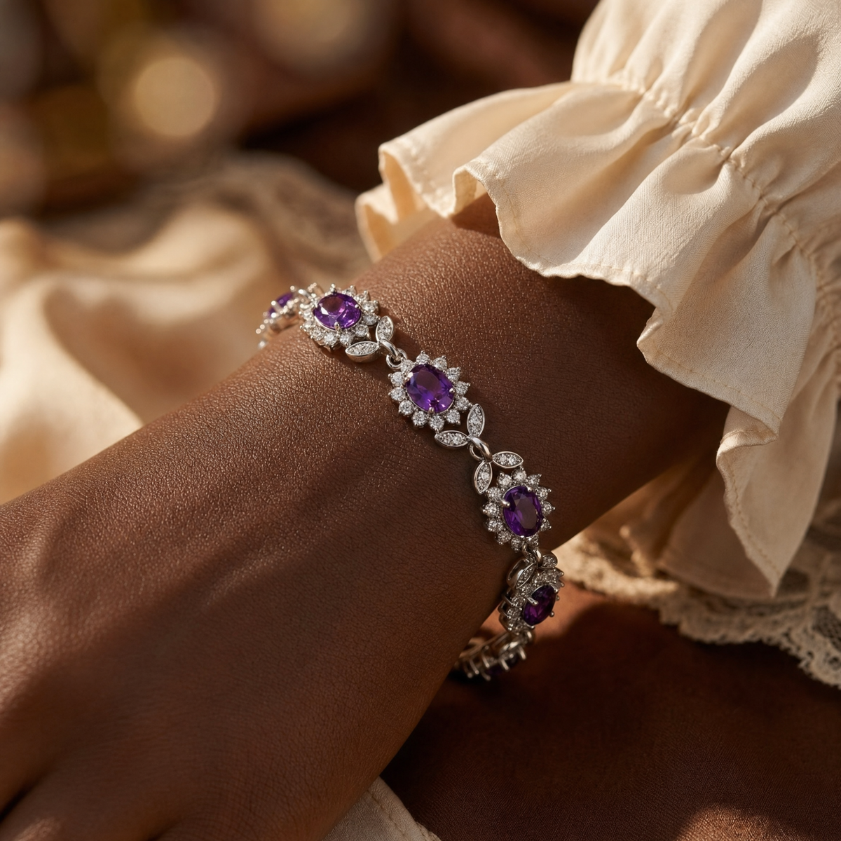 Silver Amethyst Floral Bracelet