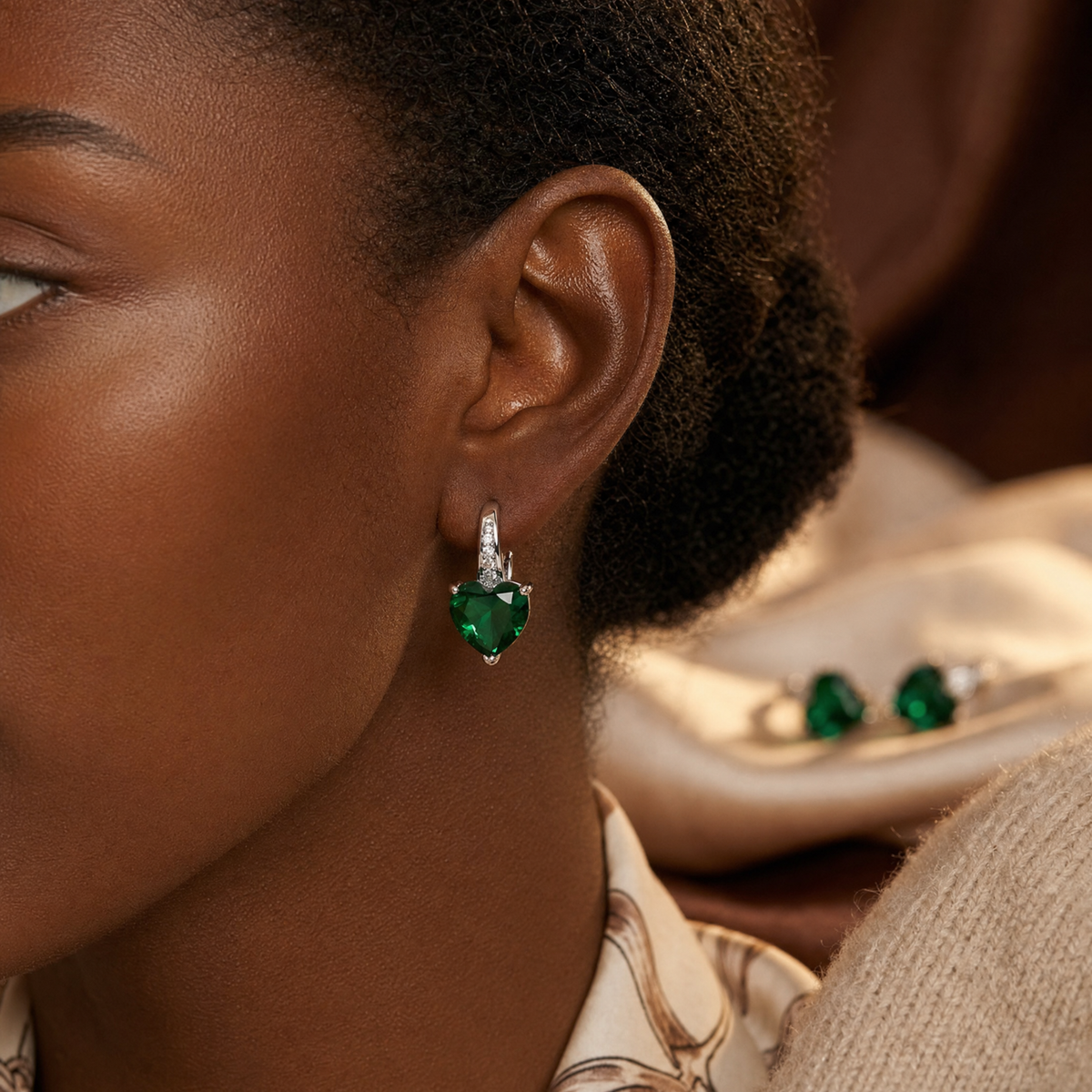 Silver Emerald Heart Hoop Earrings