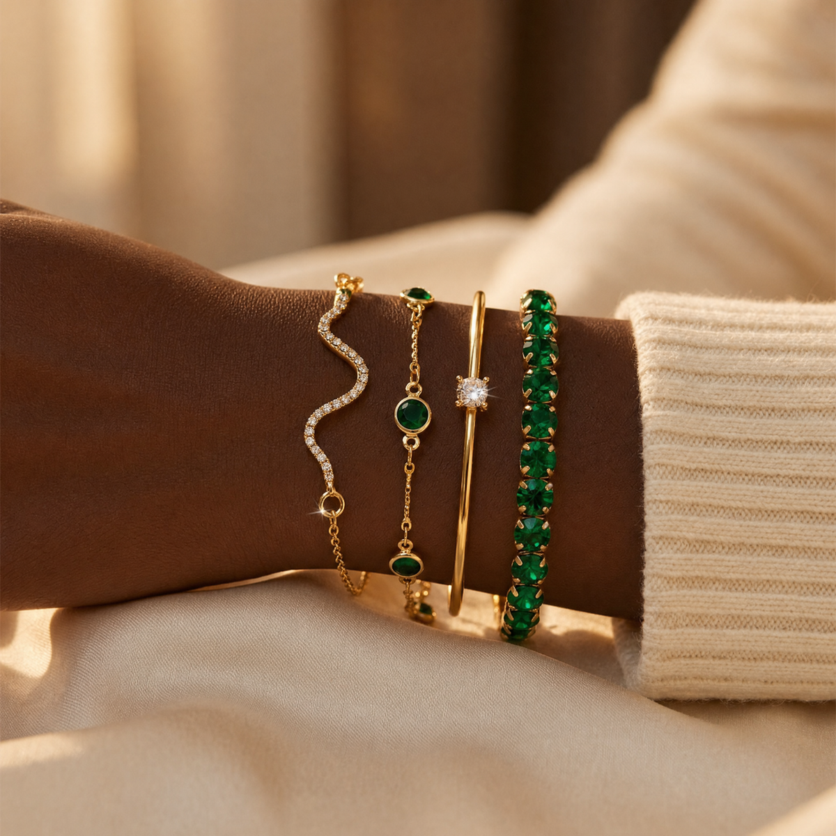 Gold Emerald Bracelet Set