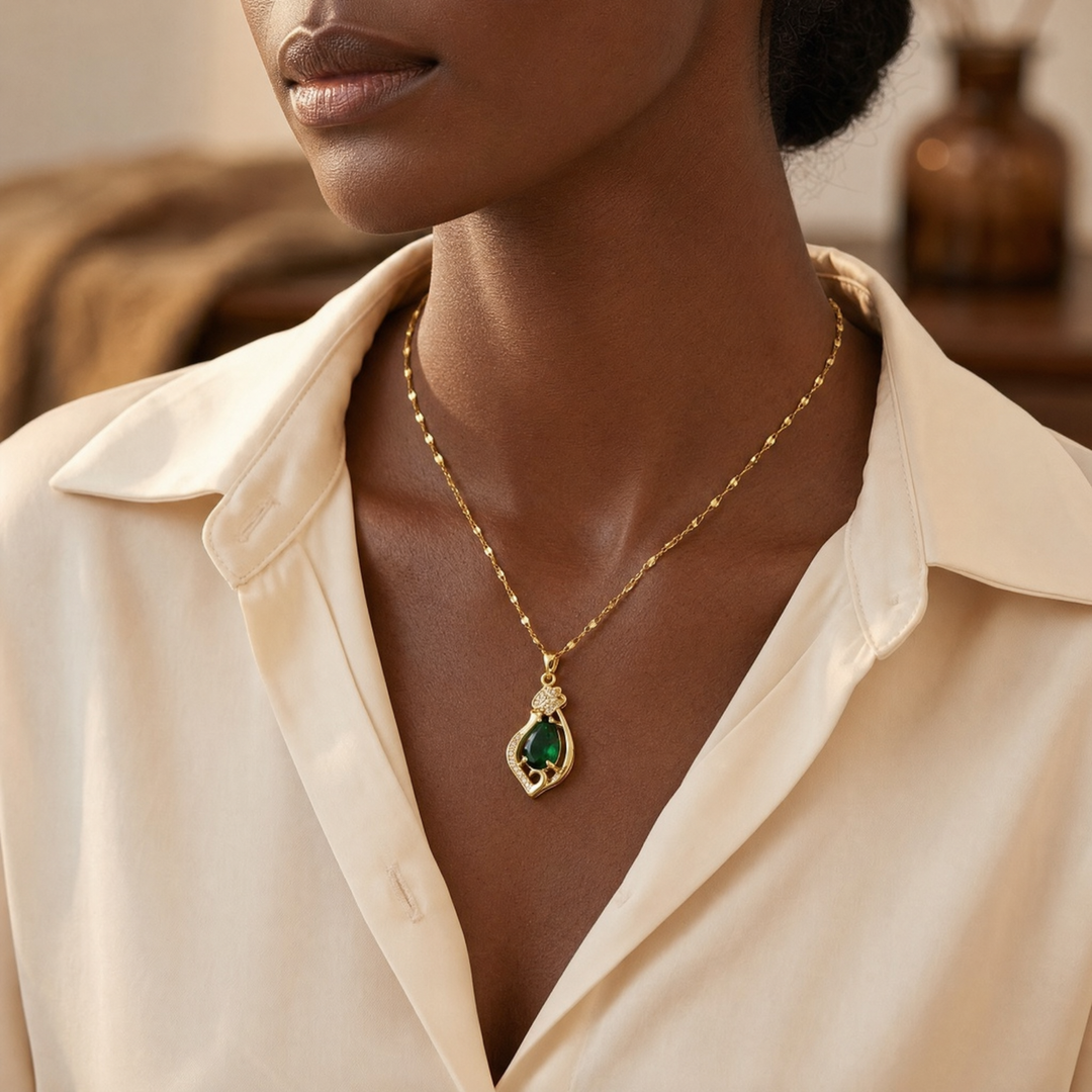 Gold Emerald Teardrop Pendant Necklace
