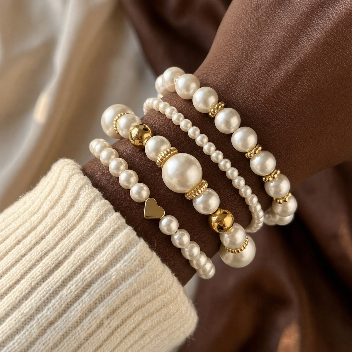 Gold Pearl Beaded Bracelet Set