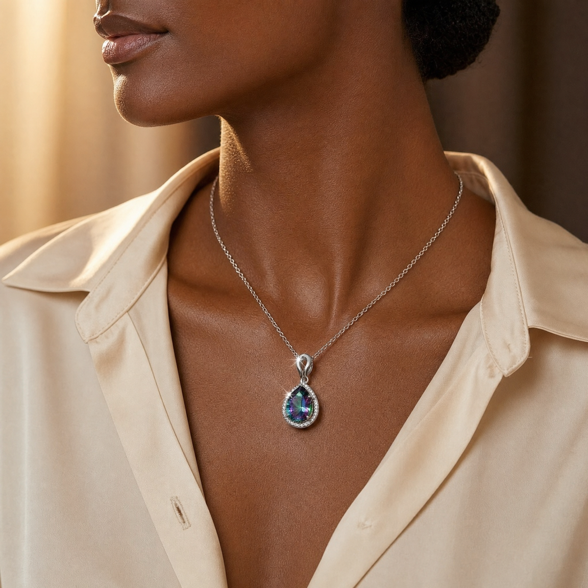 Silver Sapphire Teardrop Necklace