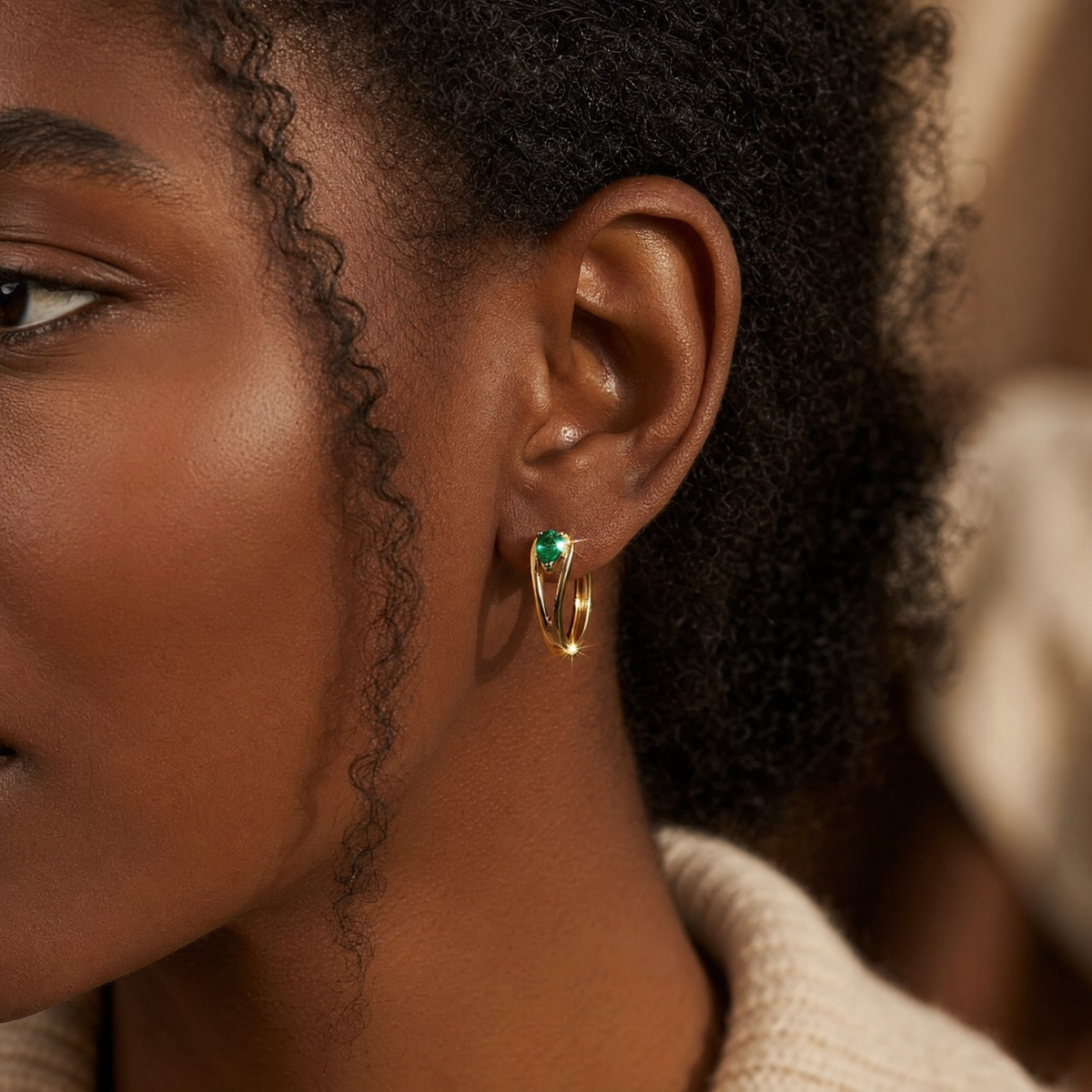 Gold Emerald Accent Hoop Earrings