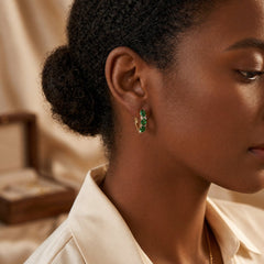 Gold Emerald Vertical Hoop Earrings