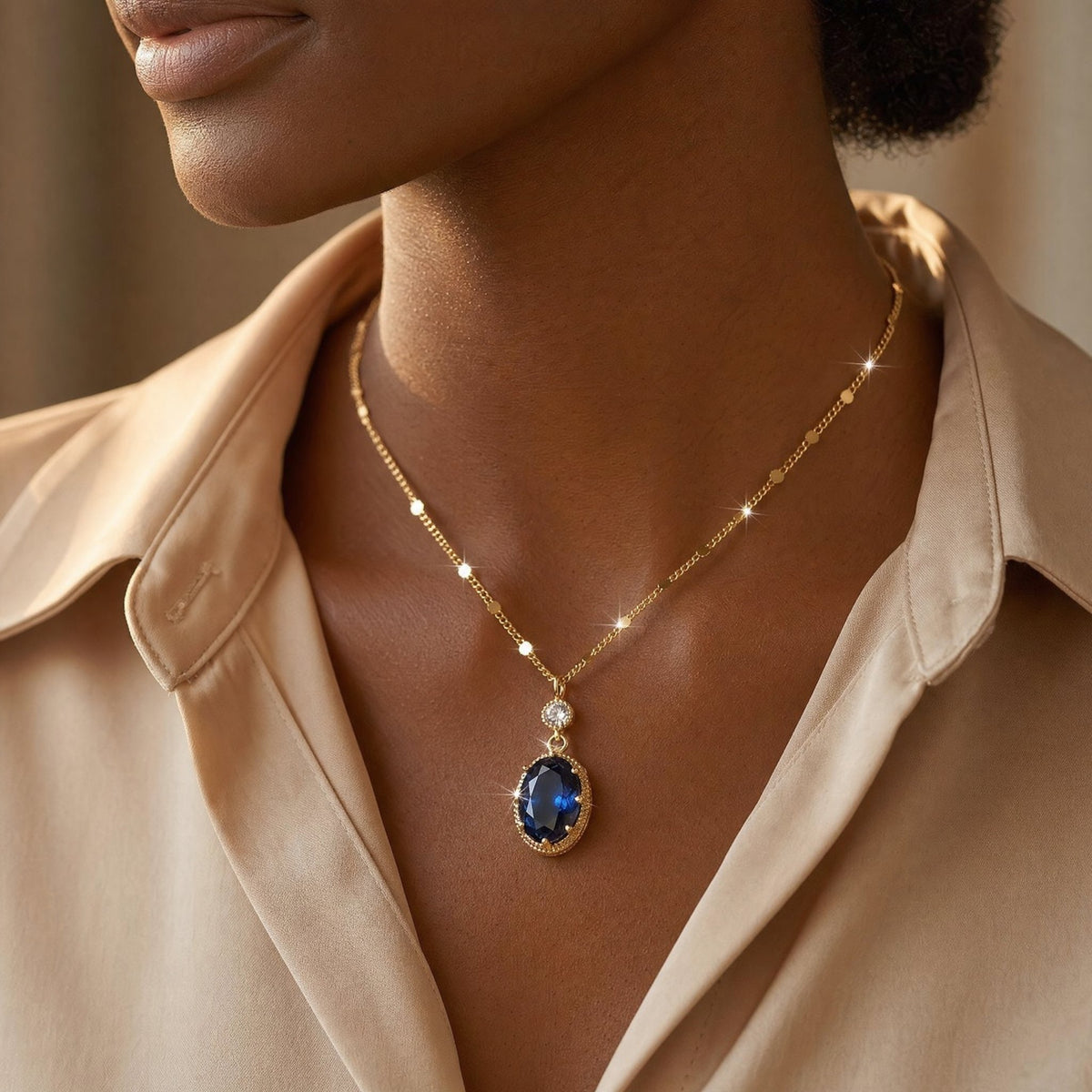 Gold Sapphire Oval Drop Necklace