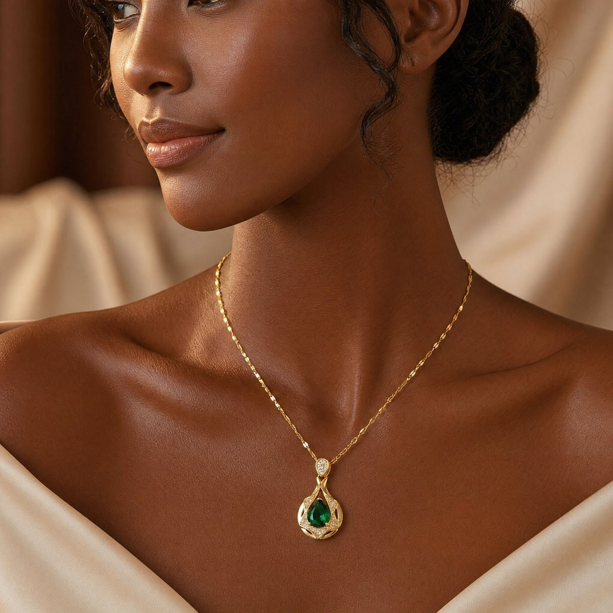 Gold Emerald Teardrop Pendant Necklace