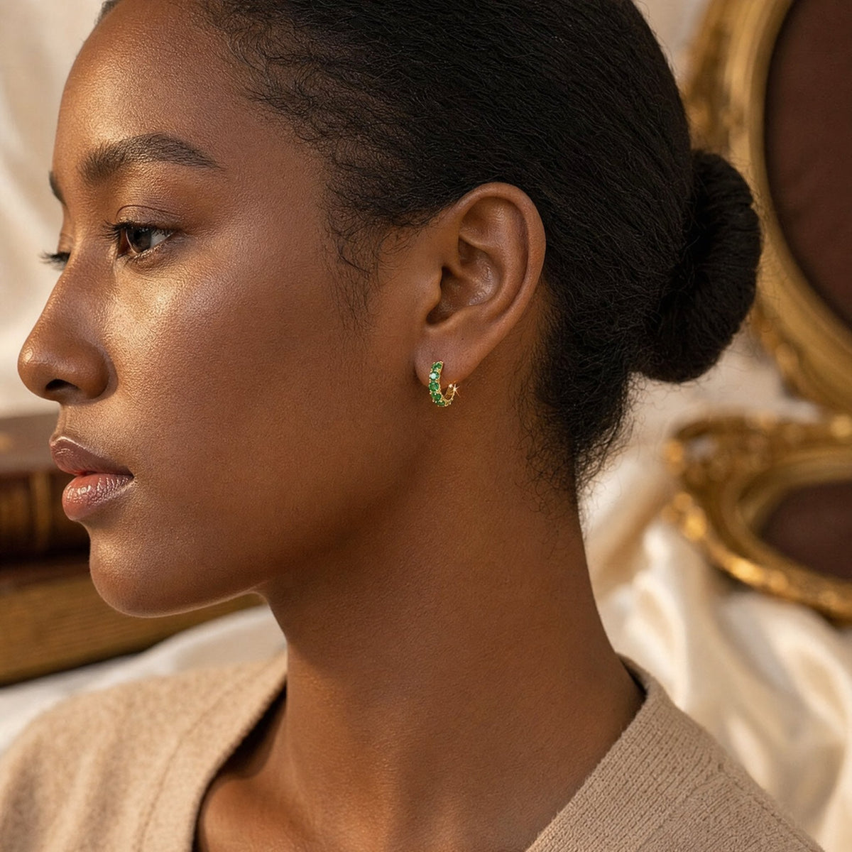 Gold Emerald Lattice Hoop Earrings