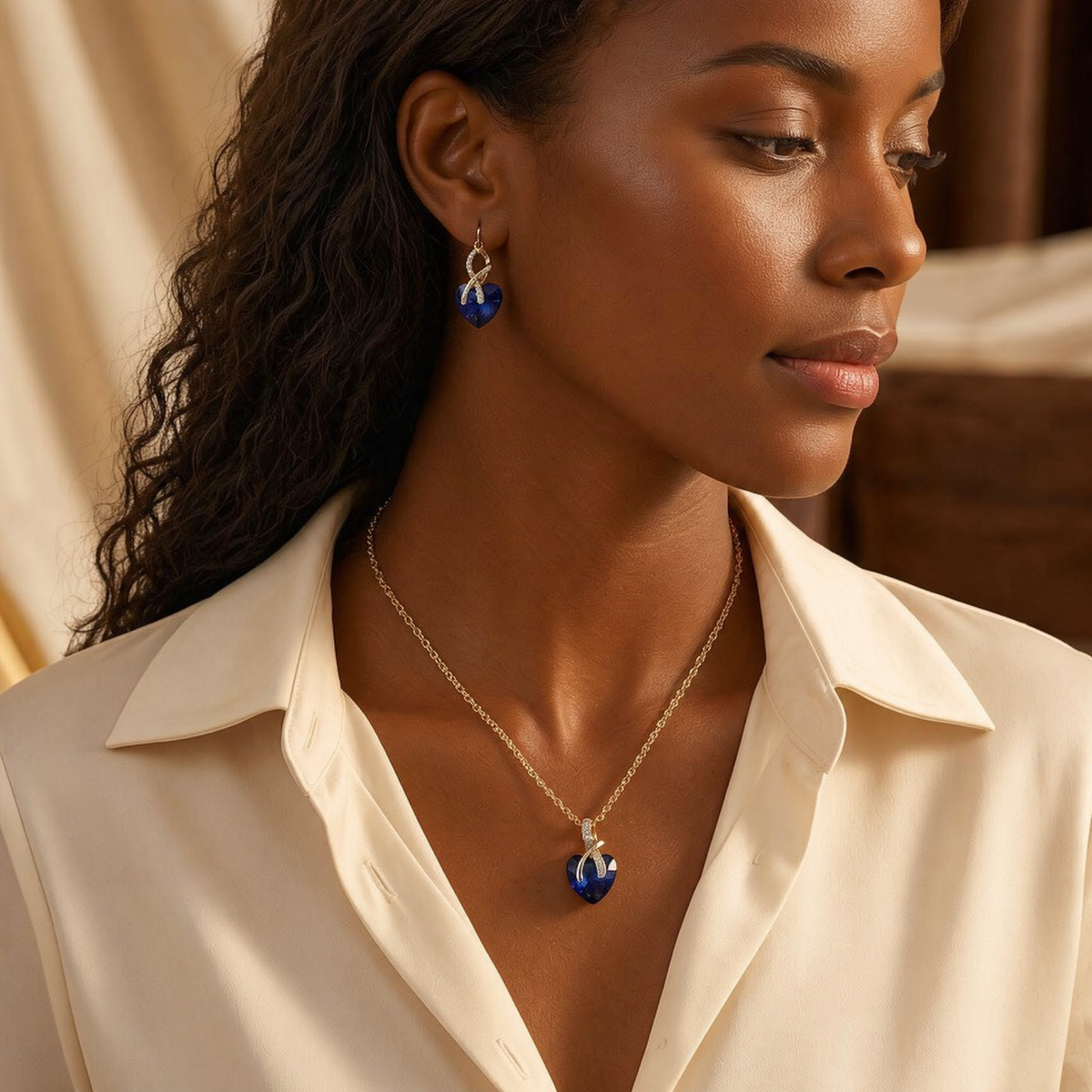 Gold Sapphire Heart Necklace and Earrings Set