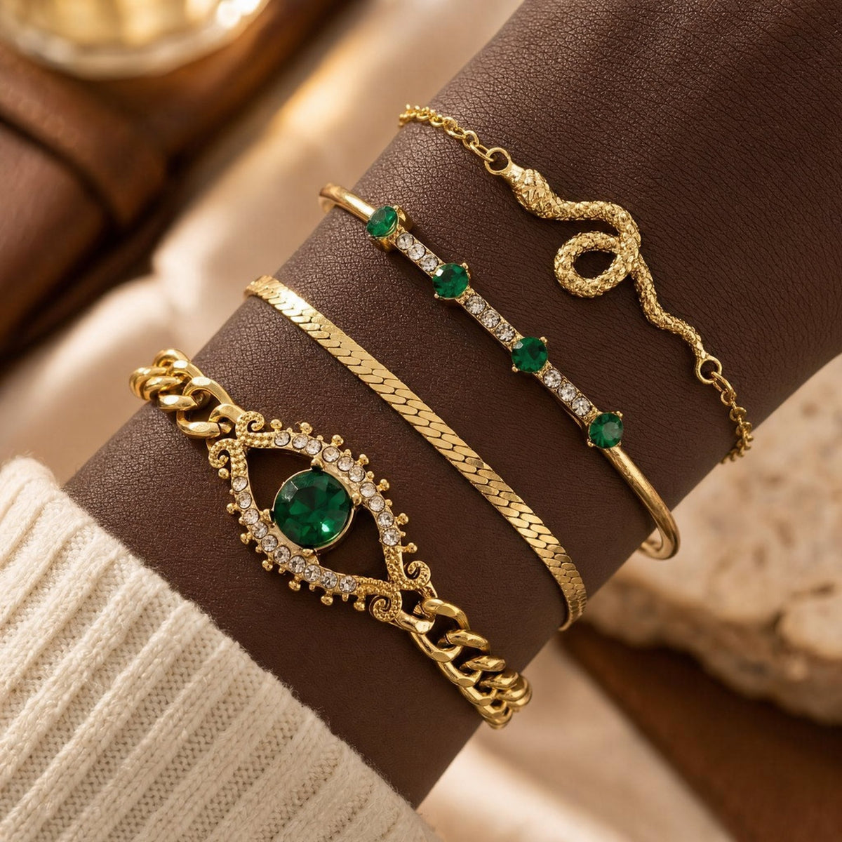 Gold Emerald Charm Bracelet Set