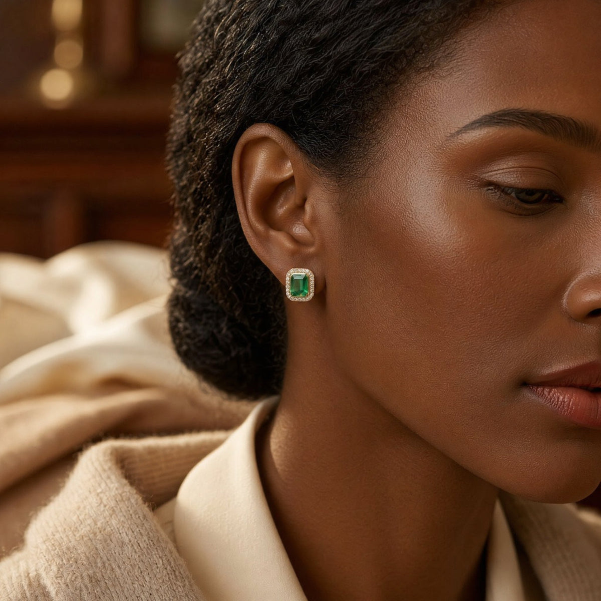 Gold Emerald Square Halo Stud Earrings