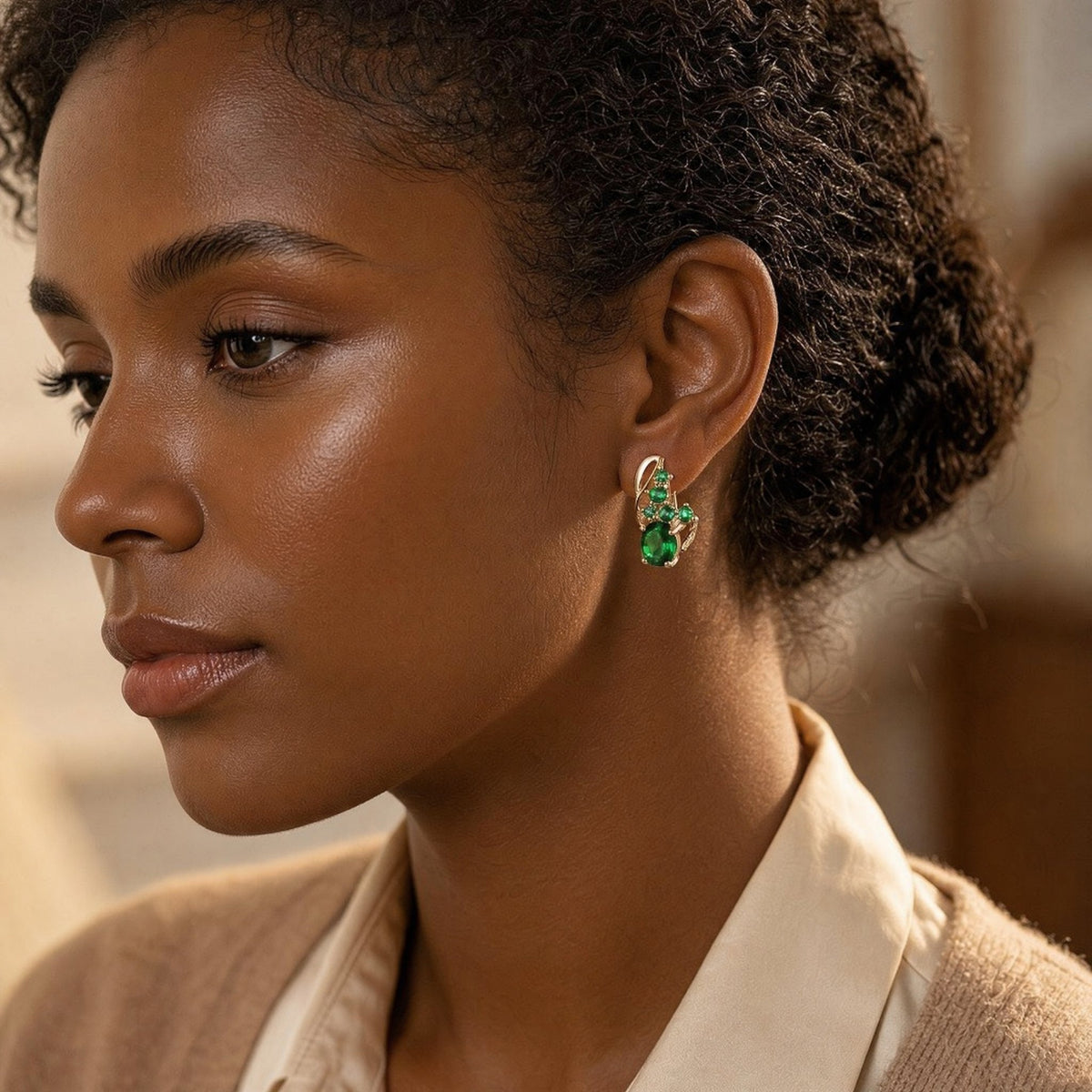 Gold Emerald Cluster Drop Earrings