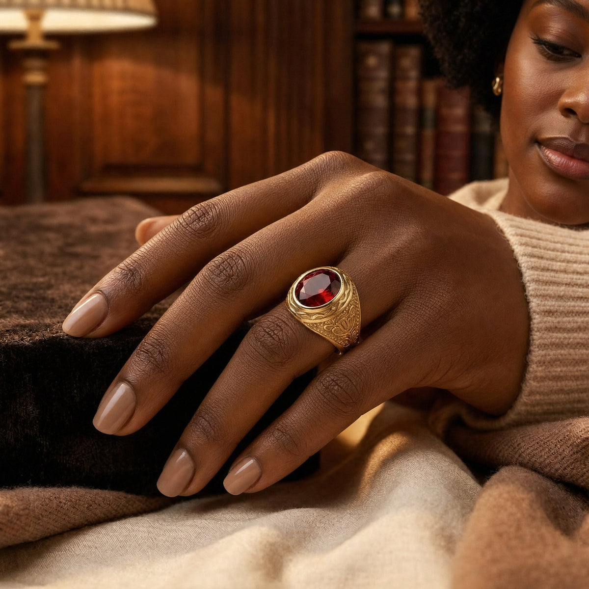 Gold Ruby Engraved Ring