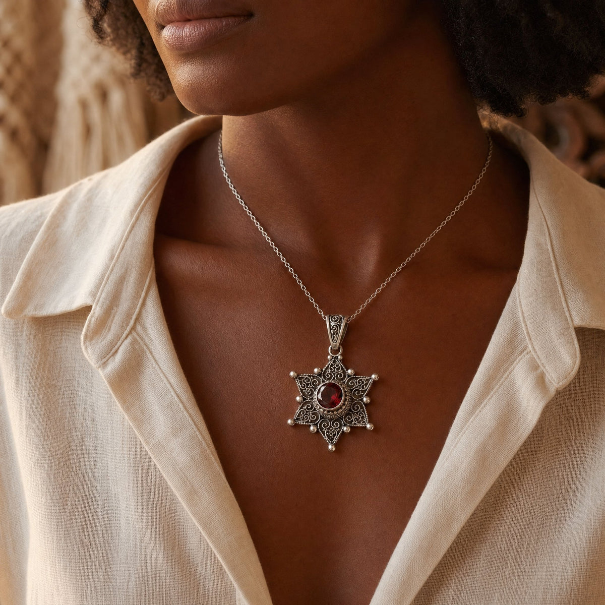 Silver Ruby Star Pendant Necklace