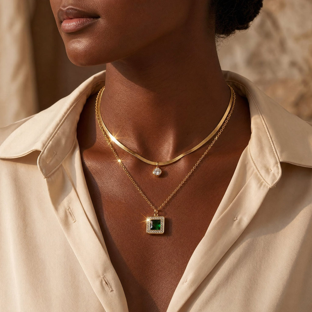 Gold Emerald Layered Necklace