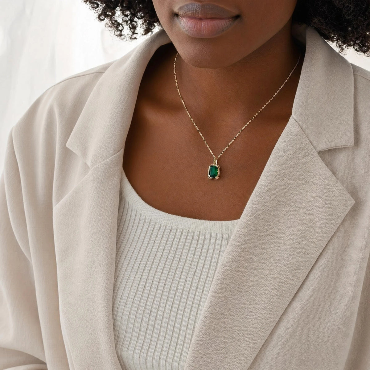 Gold Emerald Rectangular Halo Necklace