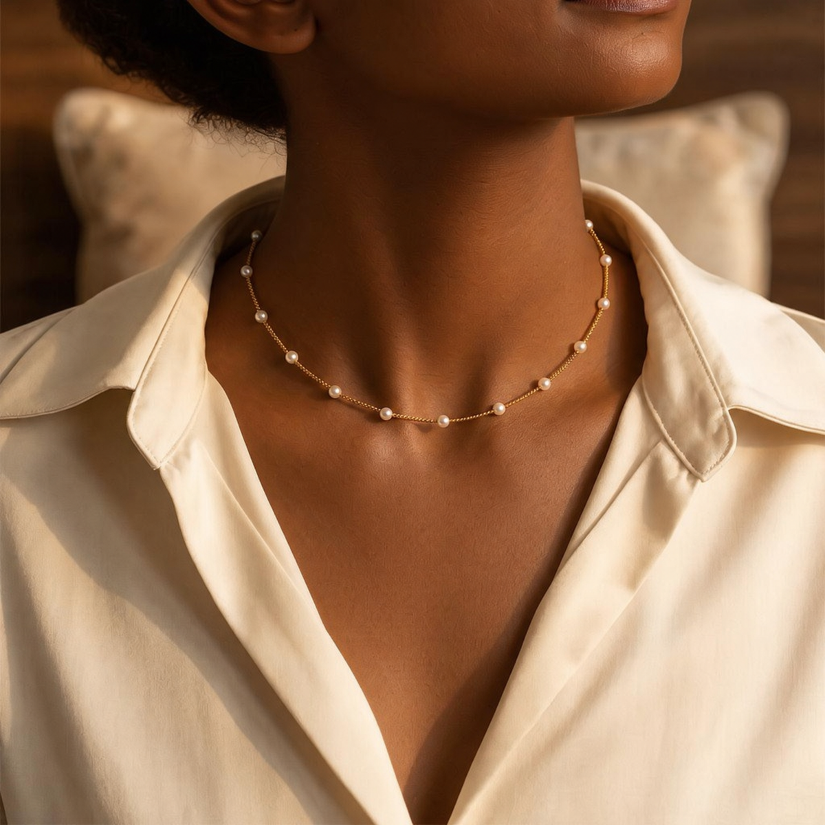 Gold Spaced Pearl Chain Necklace