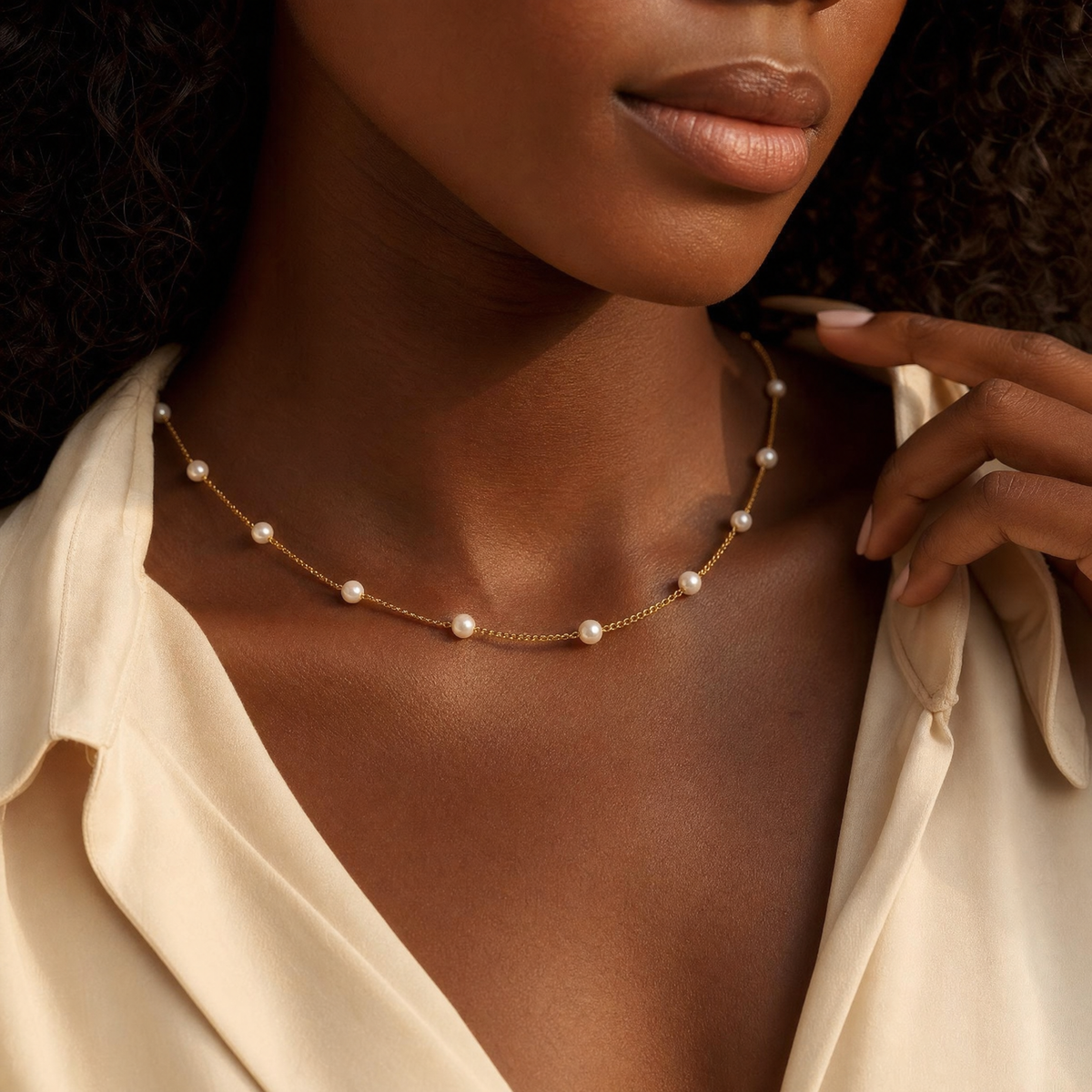 Gold Spaced Pearl Chain Necklace