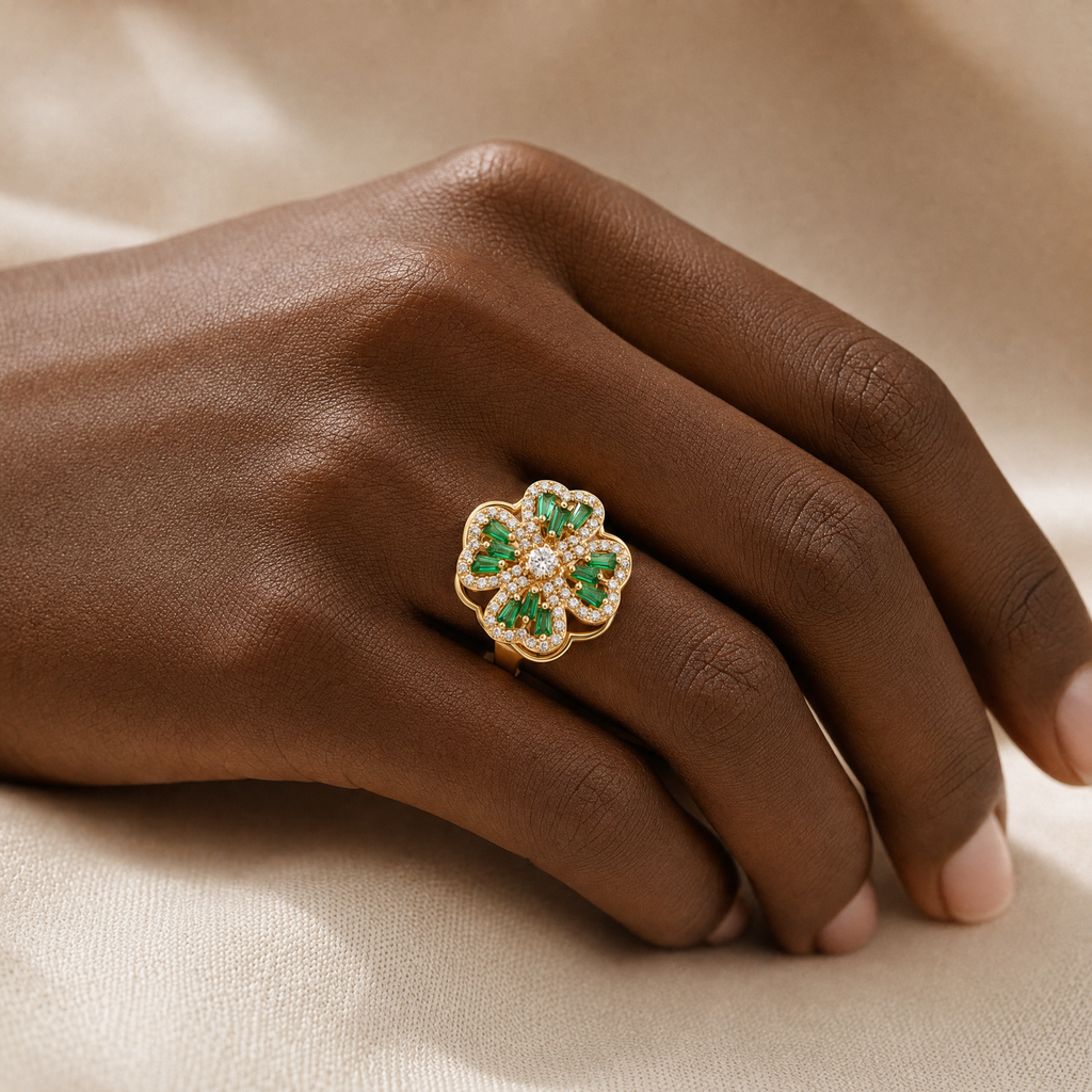 Gold Emerald Floral Ring