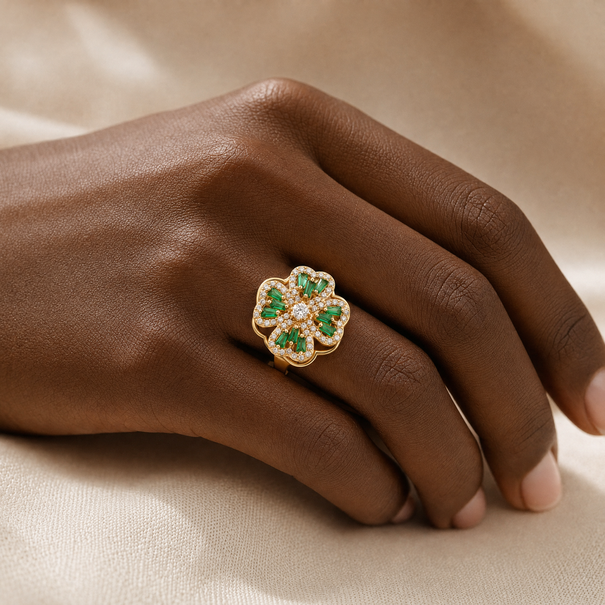 Gold Emerald Floral Ring