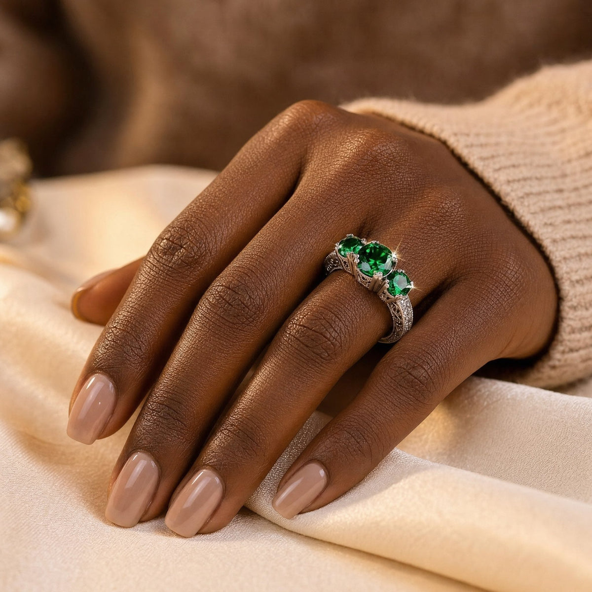 Silver Emerald Three-Stone Ring