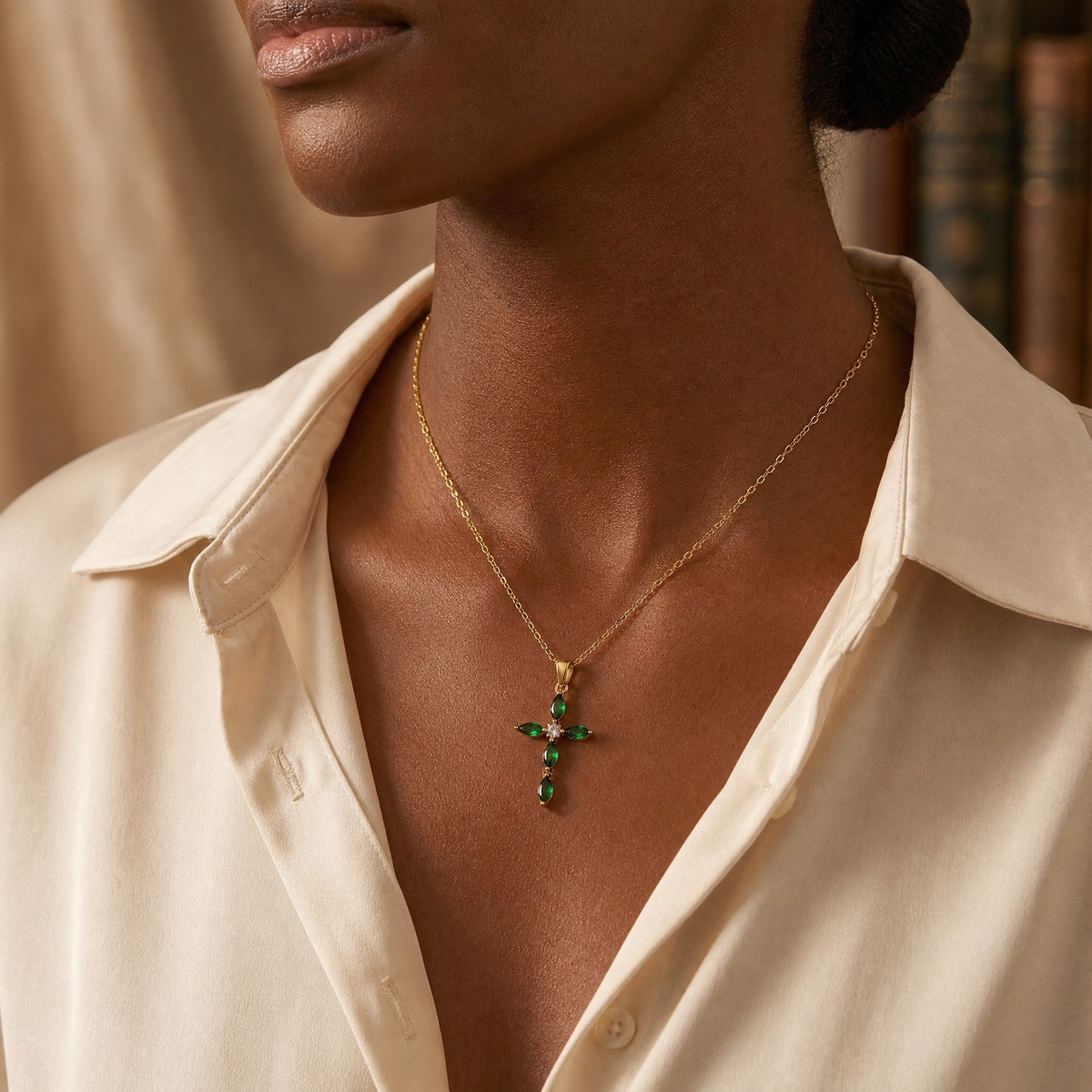 Gold Emerald Marquise Cross Necklace
