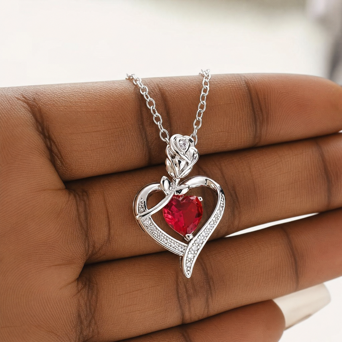 Silver Ruby Heart Pendant Necklace