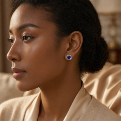 Silver Sapphire Halo Stud Earrings