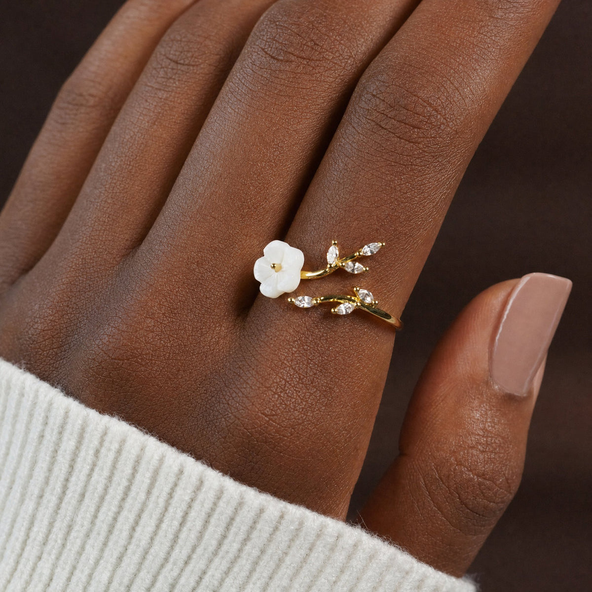 Gold Floral and Leaf Open Ring